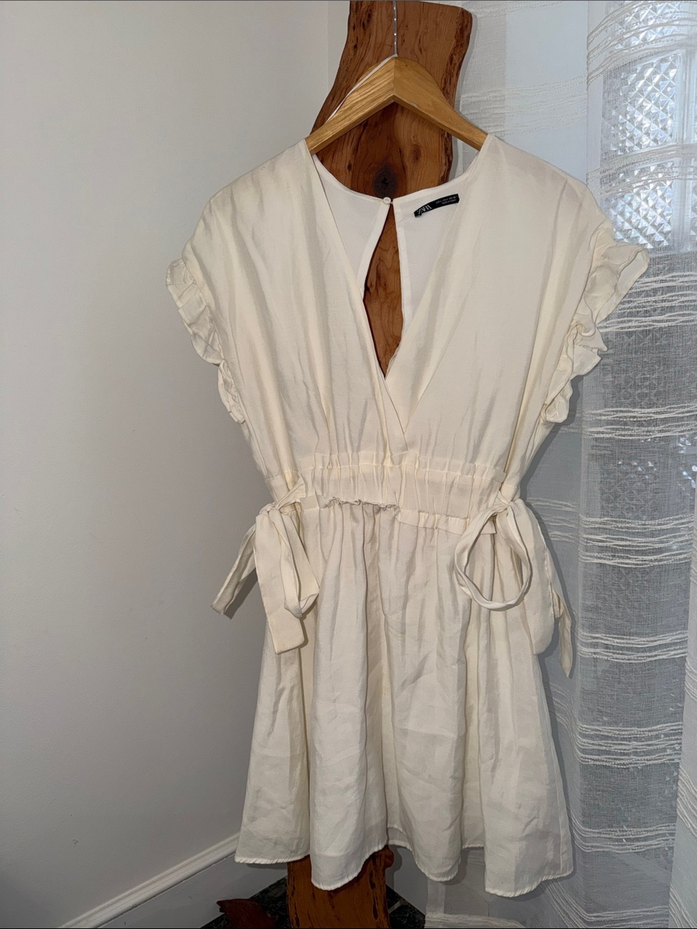 Zara Cream Short Sleeve Tie-Waist Mini Dress
